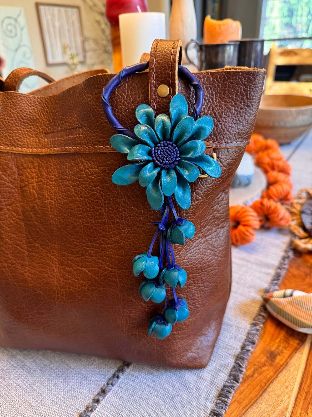 Blue Flower Purse Charm Flower Bag Charm Genuine Leather Accessories NEW!